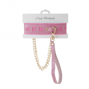 Ошейник с надписью SEX + поводок "Crazy Handmade" розовый, кожа